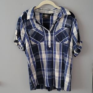 Harley-Davidson Blue & Grey Plaid Henley Shirt